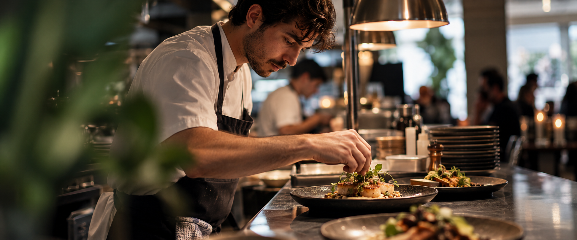 Chef plating food in fine dining kitchen