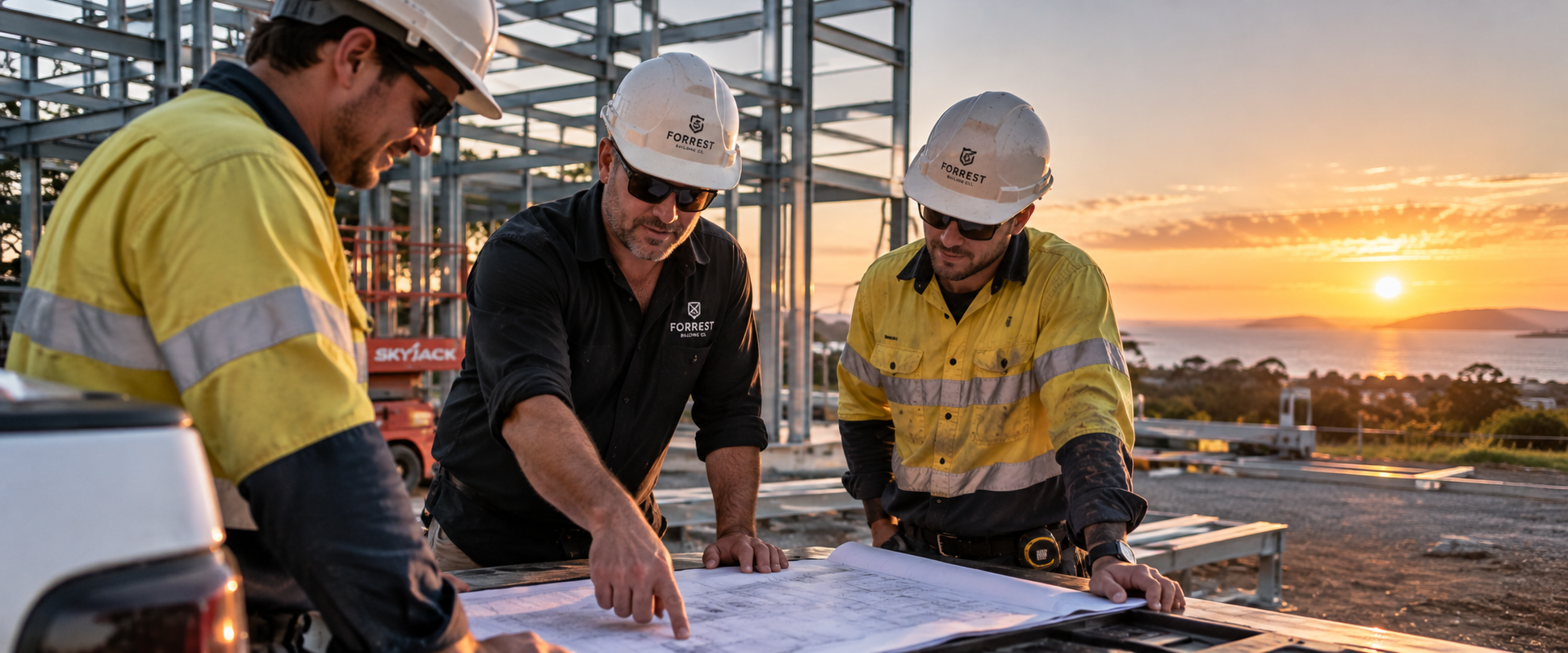 Construction workers reviewing blueprints at sunset